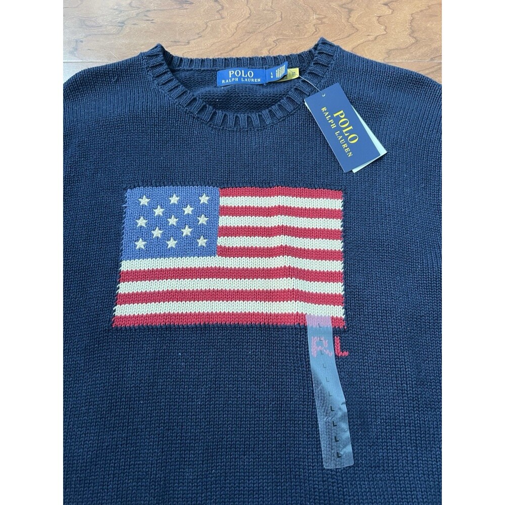 NWT Polo Ralph Lauren Navy Blue AMERICAN FLAG Knit CrewNeck Sweater Size Large - Picture 2 of 5